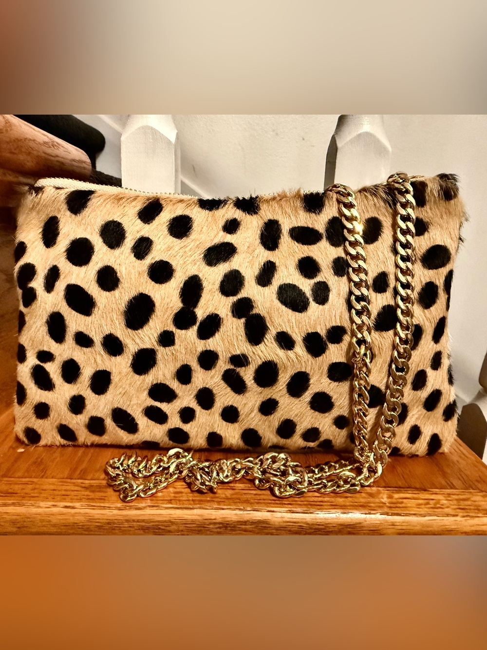 Leopard Spot Faux Fur Crossbody Bag with Gold Chain